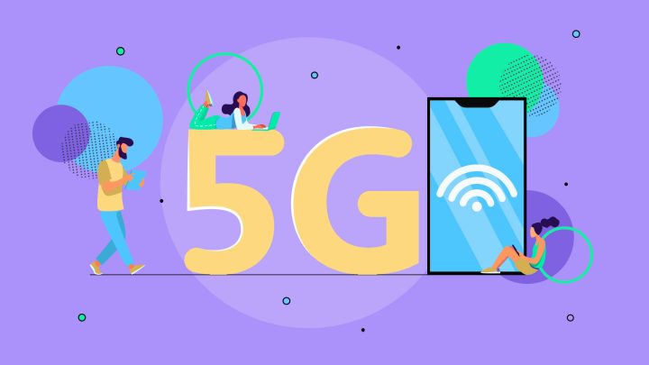 Imagem com a palavra 5g ao centro, ao lado dela está a ilustração de um celular com um símbolo de wifi dentro e ao redor algumas pessoas circulando. A ilustração faz referência ao tema 5G.