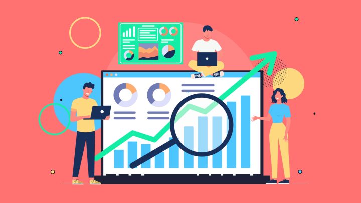 Ilustração de uma tela de notebook com a imagem de gráficos e dashboards, uma lupa na frente e pessoas ao redor fazendo referência ao tema web analytics