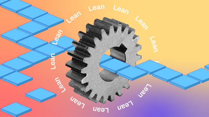 Illustration of a gear surrounded by the word Lean repeated several times, representing each of the Lean tools.