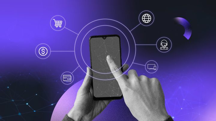 Imagem para o artigo sobre omnichannel com um celular no centro da tela rodeado por ícones que representar a integração entre canais digitais e offline