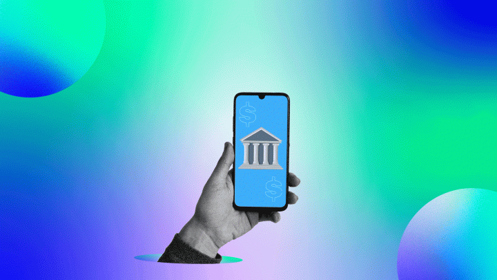 Ilustração de uma mão segurando um celular em referência ao artigo sobre beyond banking